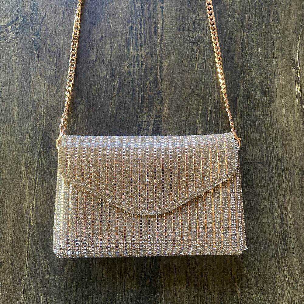 Rhinestone Evening Bag Rose Gold Cross Body Glamour Clutch w/Removable Chain